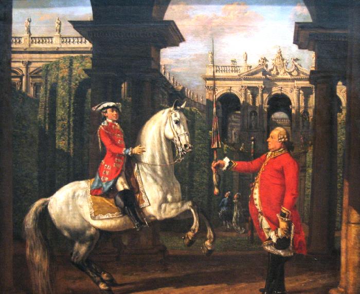 Bernardo Bellotto Pulkownik Piotr Konigsfels udziela lekcji jazdy konnej ksieciu Jozefowi Poniatowskiemu. oil painting image